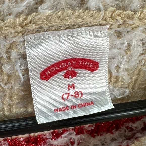 🌸3/$15🌸 Girls Ugly Christmas Sweater Size M 7-8 Tan Red White Trees‎ Snowflakes - Picture 2 of 8